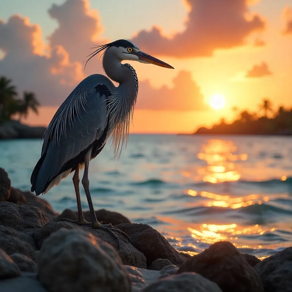 Heron at Sunset on Quintana Roo Rocky Shore