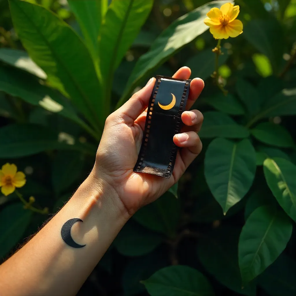Moon-Tattooed Hand Holding Film Roll Among Leaves