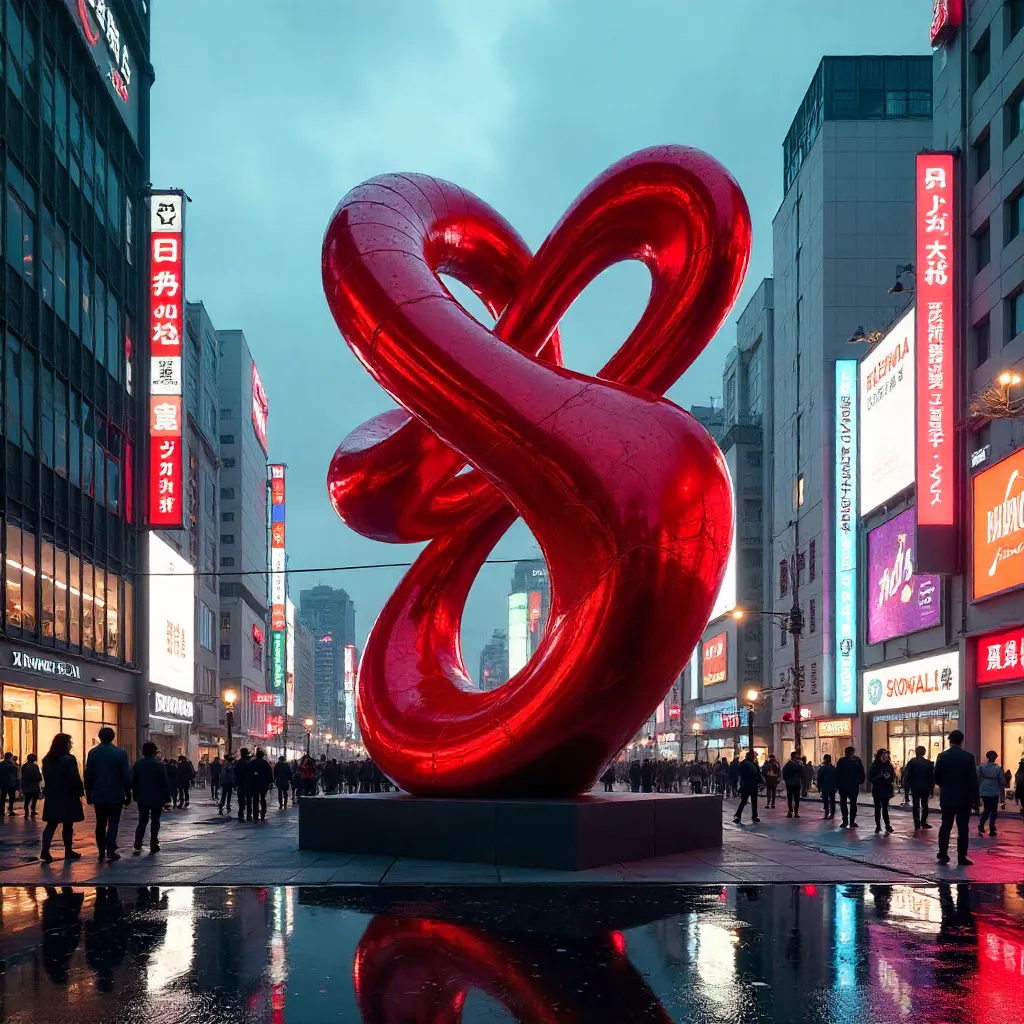 Vibrant Red Abstract Sculpture in Tokyo's Urban Glow