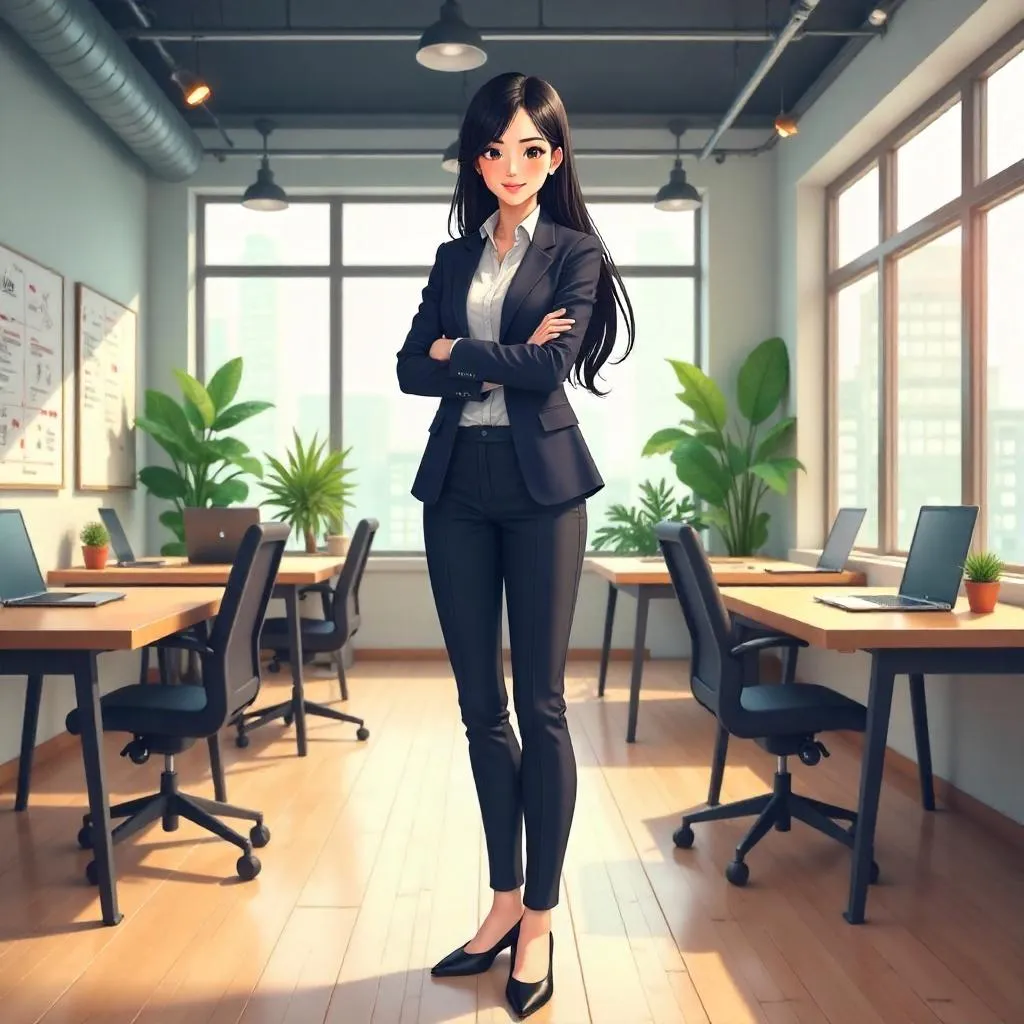 Confident Asian Woman in an Anime Coworking Space