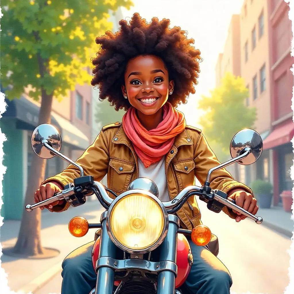 Cheerful Black Girl on a Watercolor Motorcycle