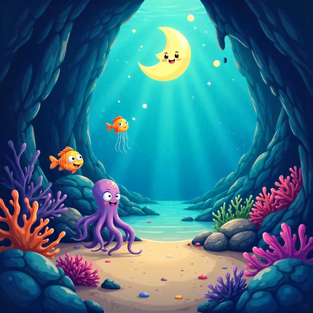 Moonlight in a Cartoon Underwater Cave