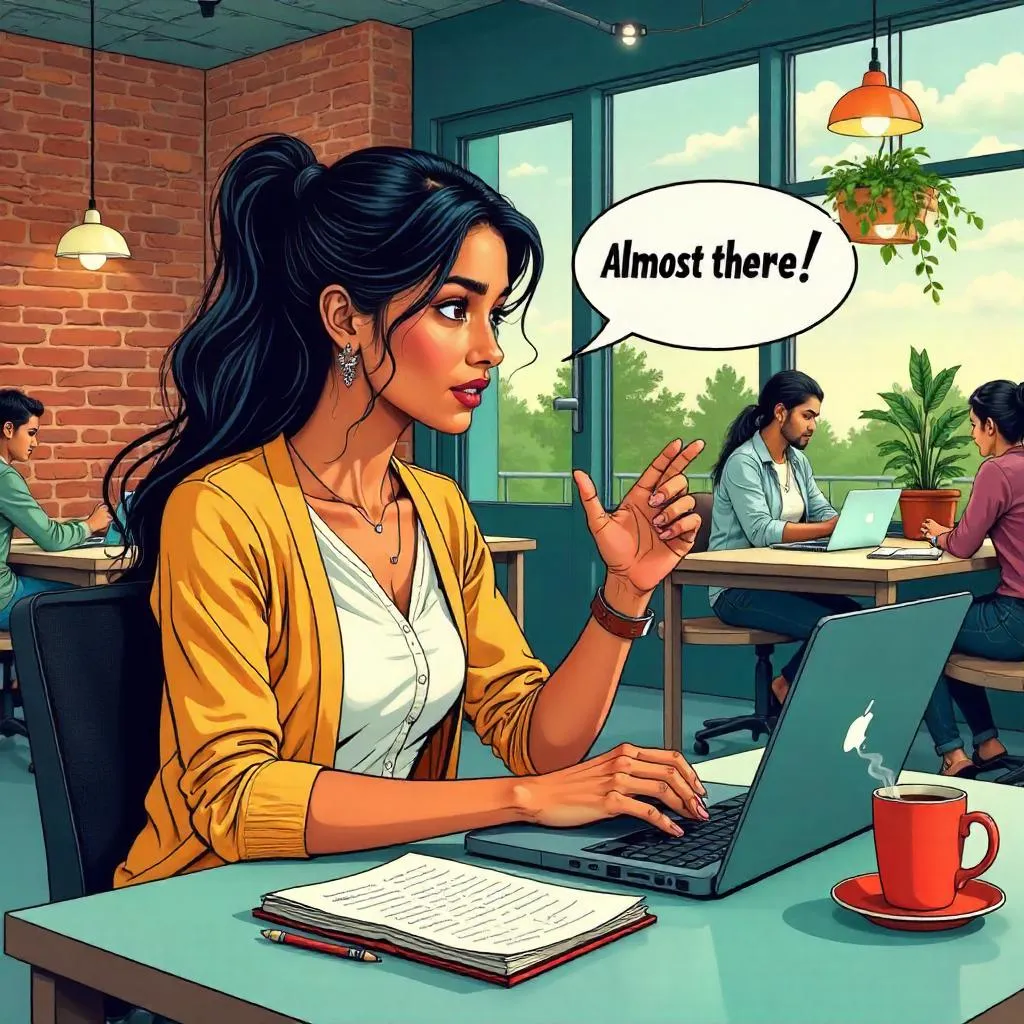 Young Indian Woman in a Dynamic Comic Coworking Space