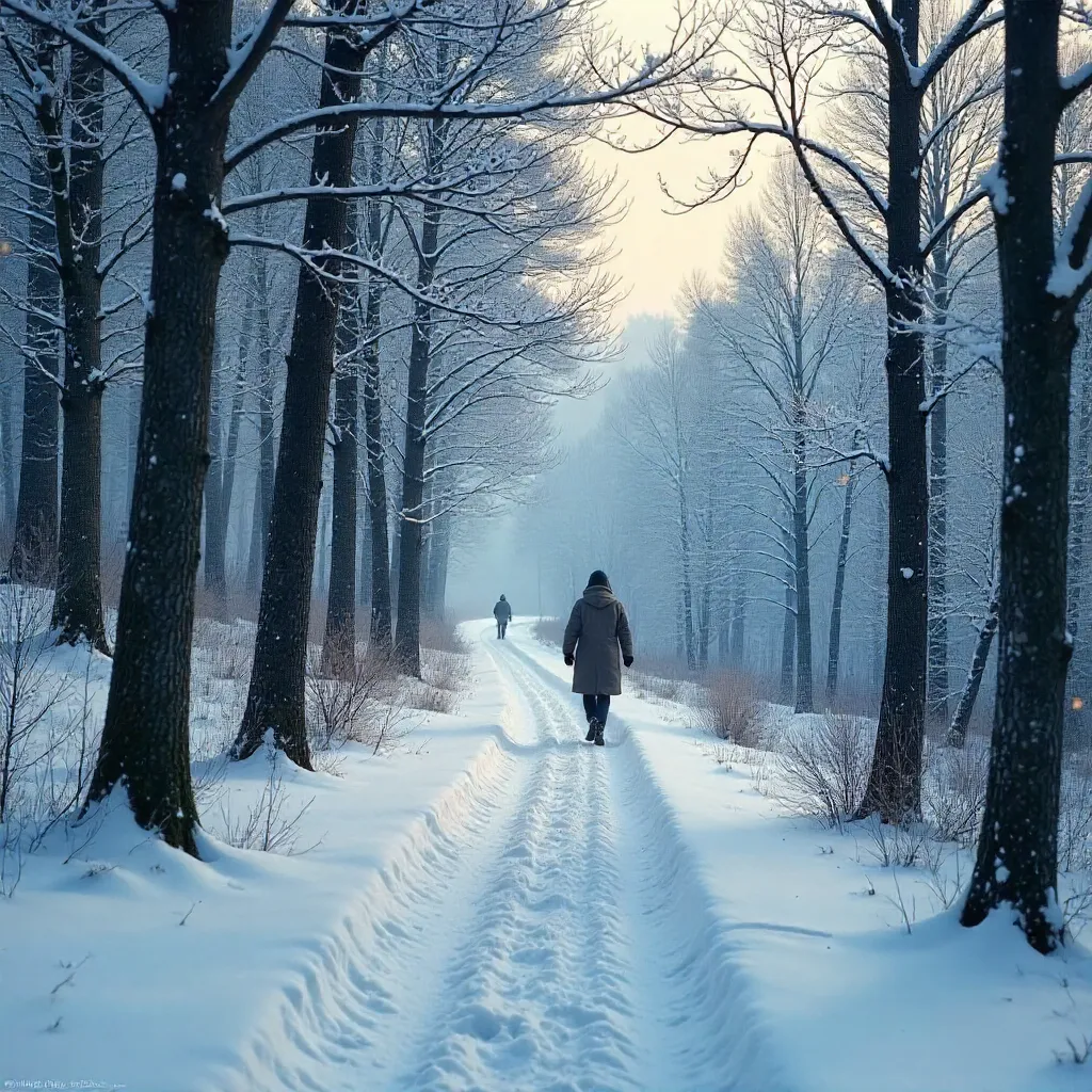 Serene Snowy Forest Path with Distant Figure