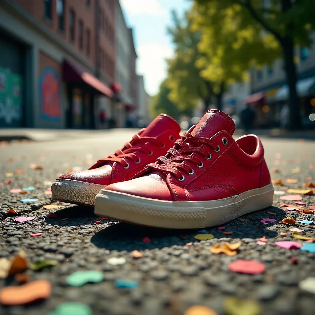 Red Shoes on Confetti-Strewn Asphalt