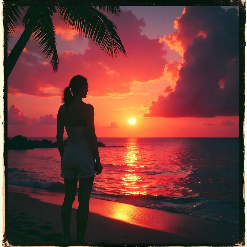 Vintage Beach Sunset Silhouette