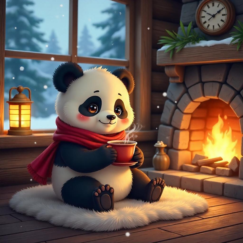 Panda in a Cozy Log Cabin - Anime Style