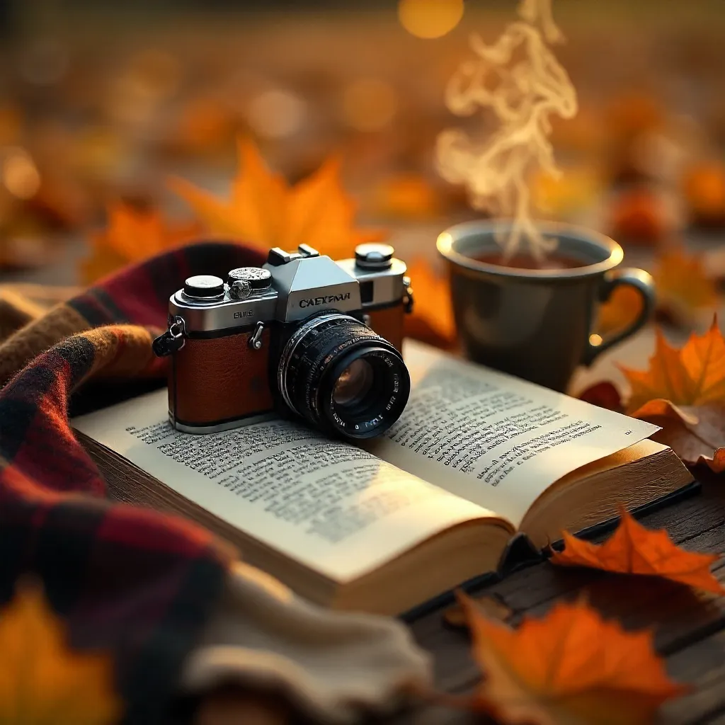Cozy Autumn Reading: Open Book with Camera on Leaves