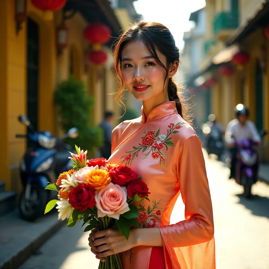 Ao Dai in Hanoi: Woman with Colorful Bouquet