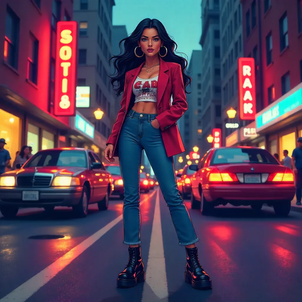 Latina Streetwear Anime Woman in Neon City