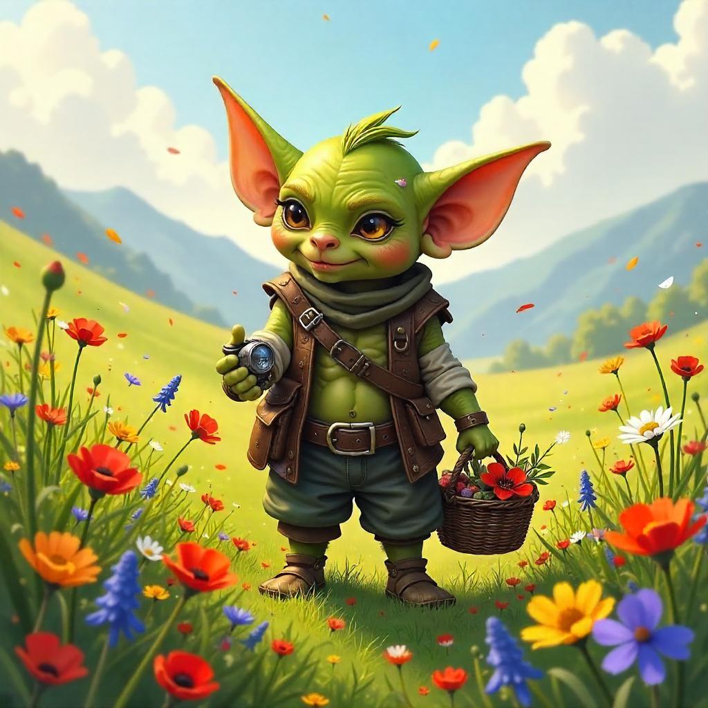 Goblin Concept Art in a Blooming Flower Field