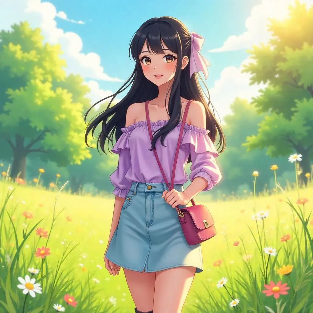 Meadow Chic: Anime Asian Woman in Bloom
