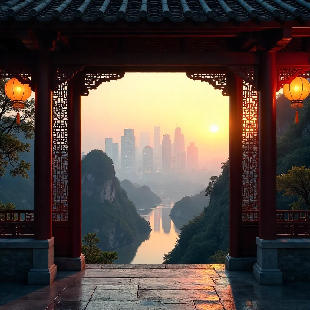 Traditional Frame Framing Zhangjiajie's Modern Skyline