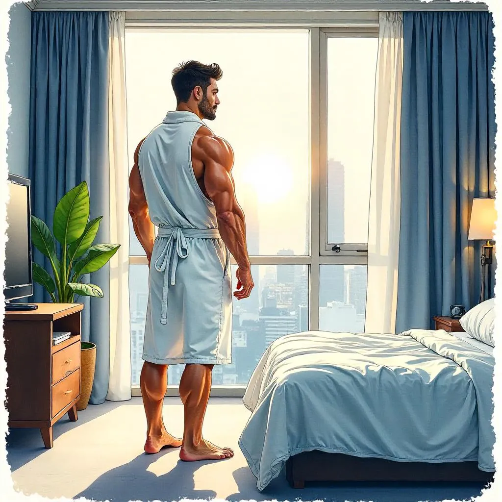 Strong Asian Man in a Hotel Room - Watercolor Portrait