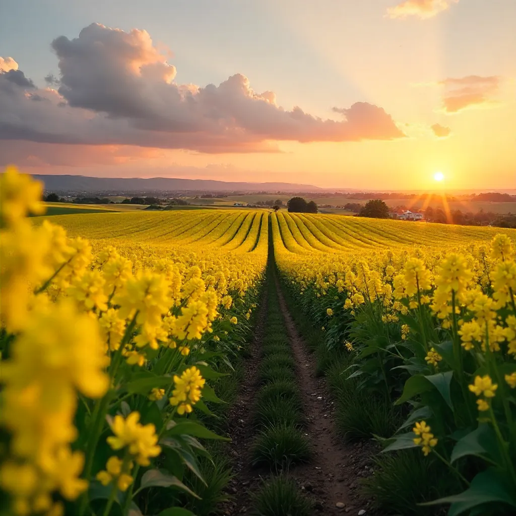 Sunset Over Expansive Canola Field in Vaslui, Romania