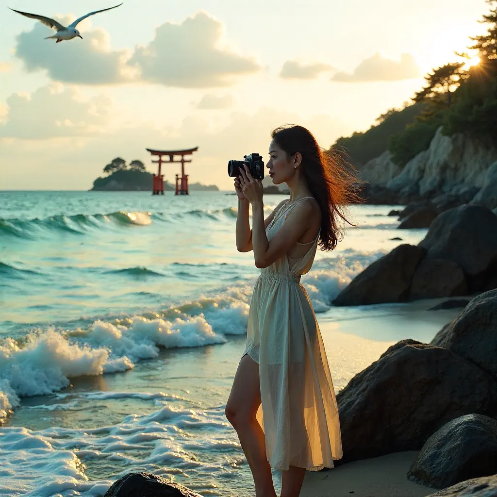 Shuttered Dawn at Japan's Coast: A Woman with Camera