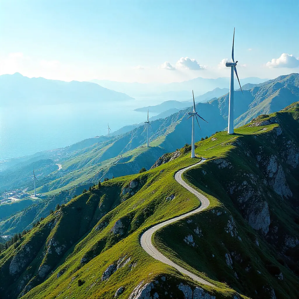 Aerial wind turbines over İzmir mountains