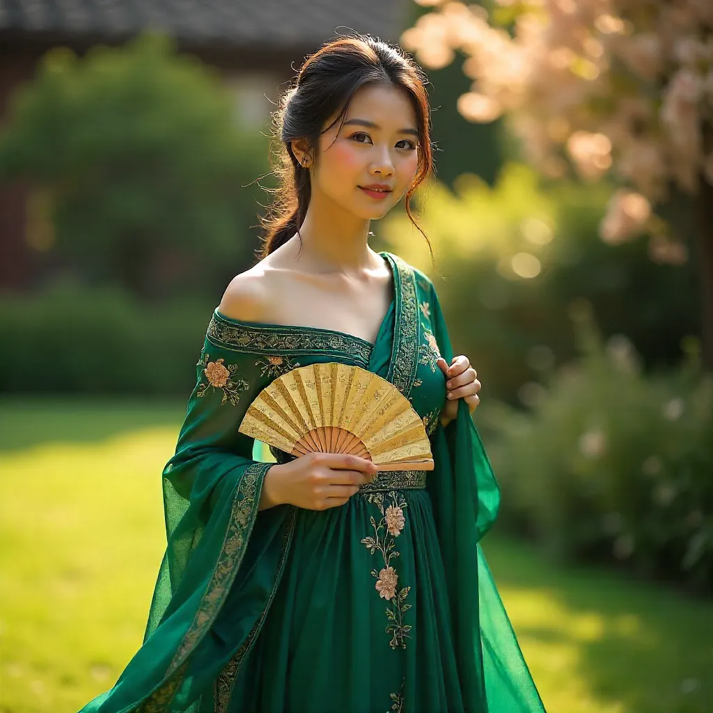 Graceful Elegance: Traditional Dress with Fan Outdoors