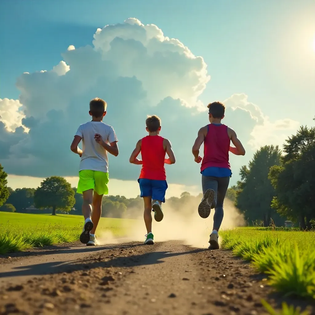 Three Teens Jogging Under Dramatic Clouds