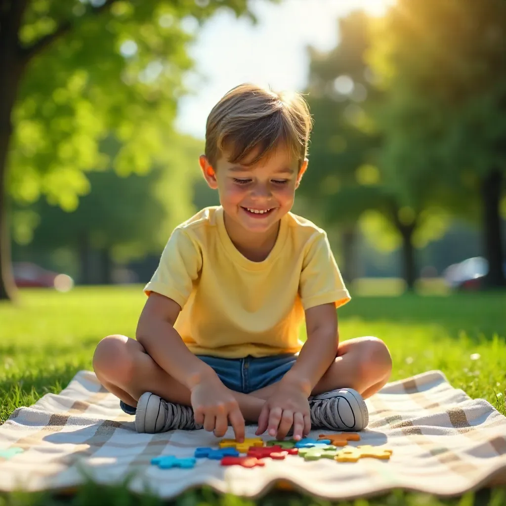 Sunny Day Puzzle Play: Boy with Colorful Pieces