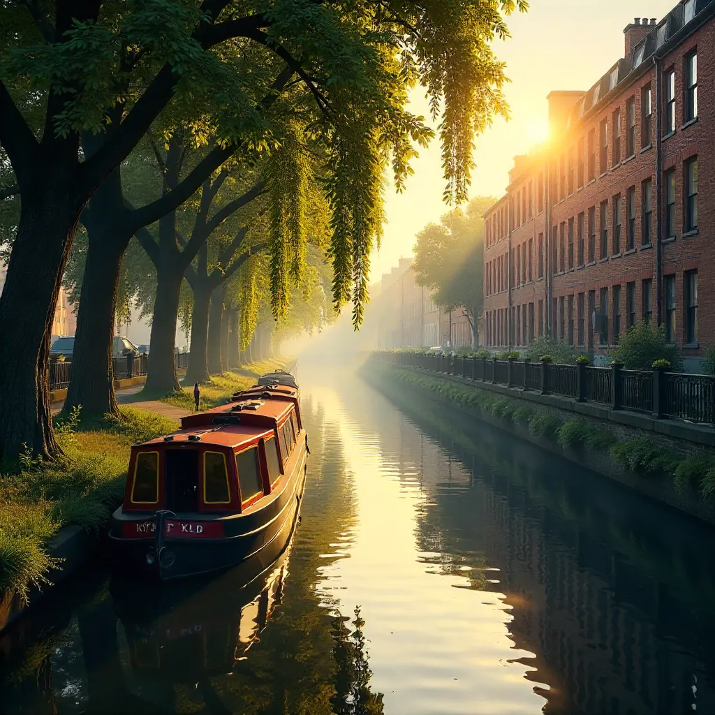 London Canal Serenity: Narrowboat on Glassy Water