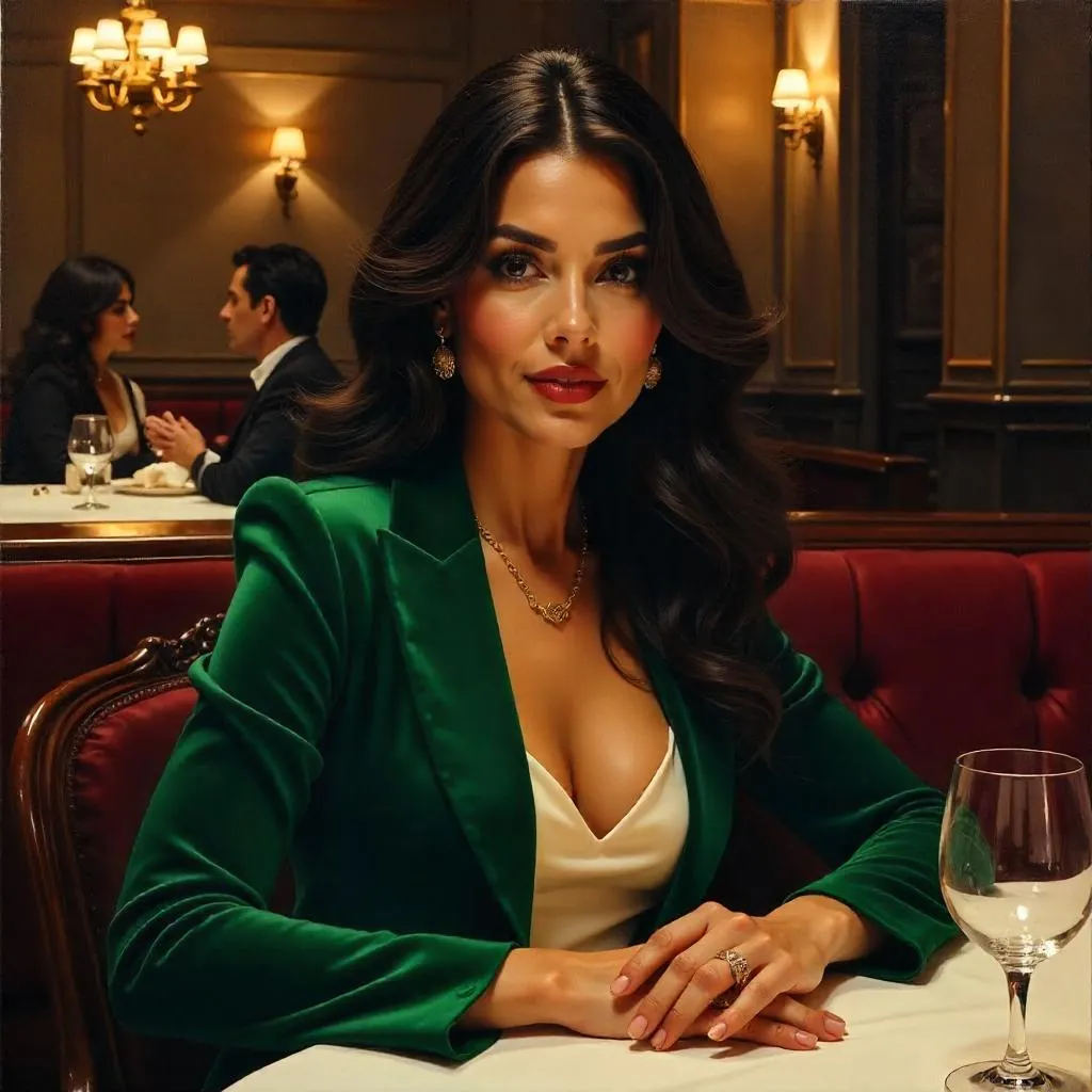 Elegant Latina in a Candlelit Restaurant – Oil Portrait