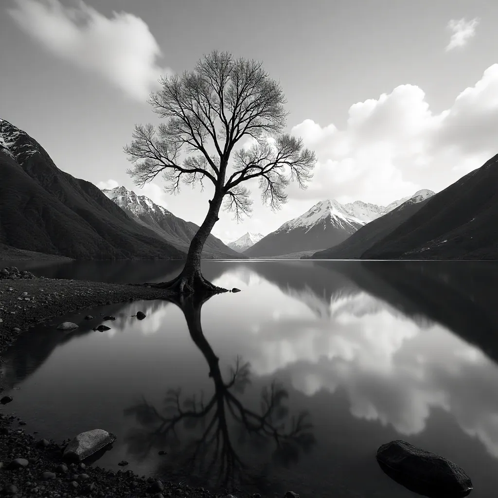 Monochrome Wanaka Tree Over Silent Lake