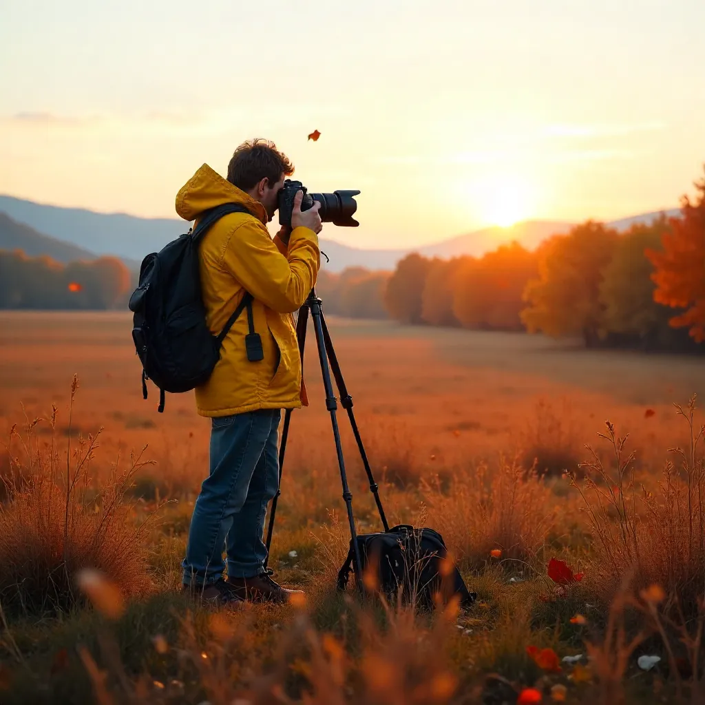 Autumn Field Photographer in a Bright Yellow Jacket
