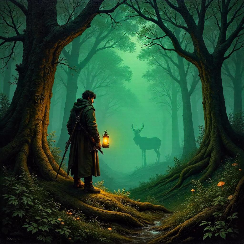Whispering Woods Hunter: An Enchanted Oil Painting