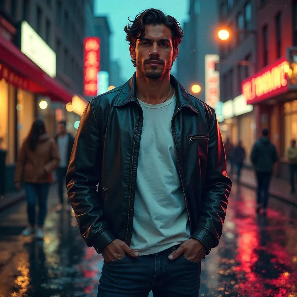 Latino Handsome on a Neon City Street