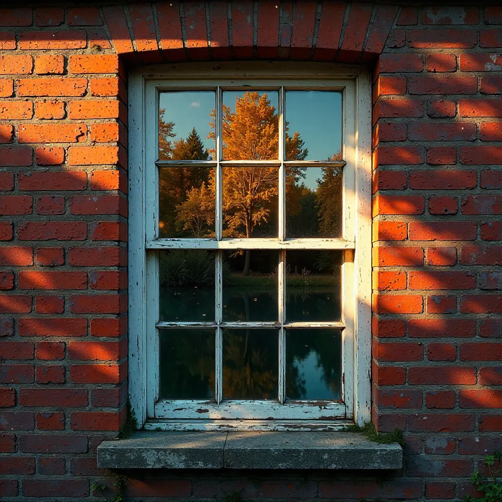 Vintage Brick Wall Window Reflecting Nature