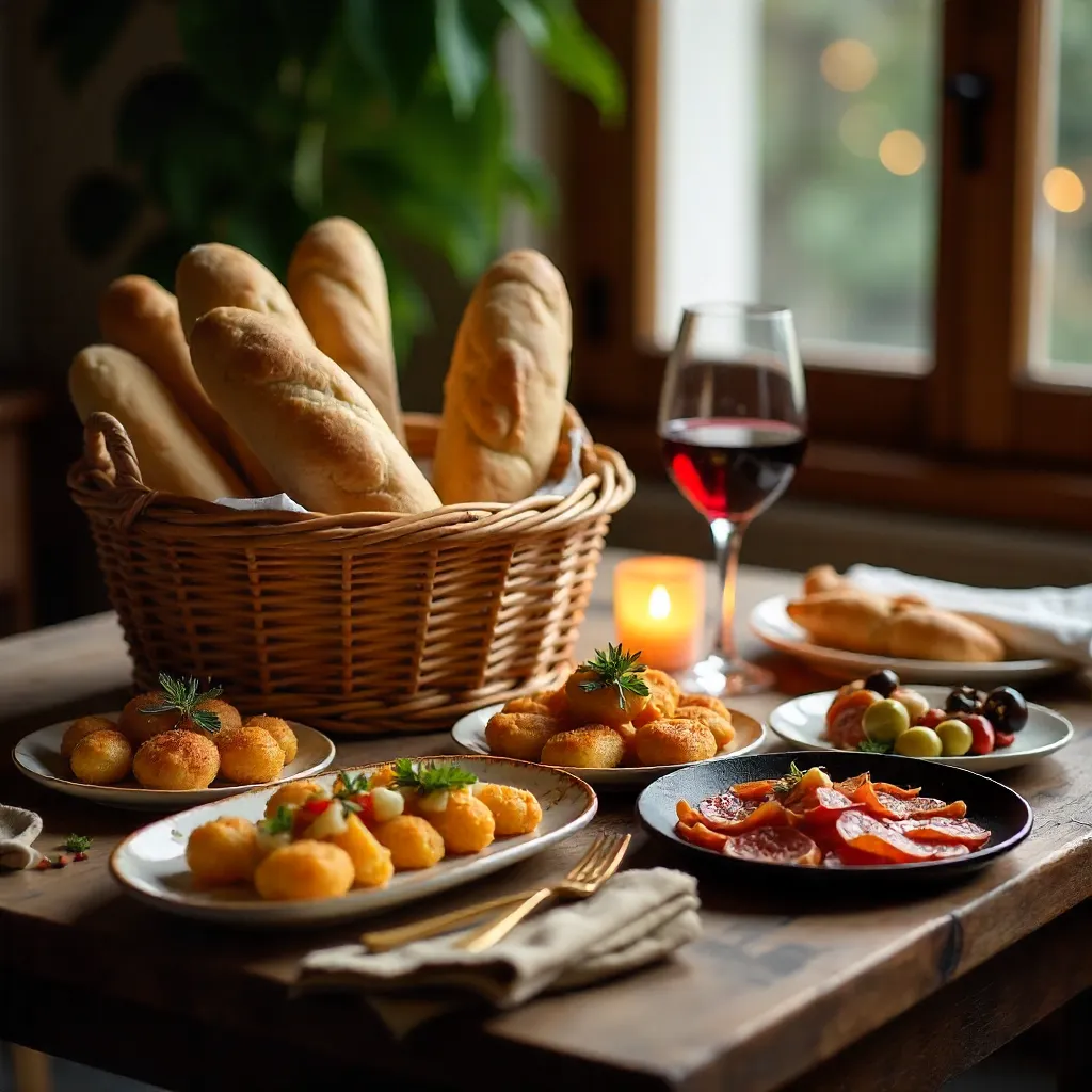 Cozy Indoor Bistro: Baguette Basket with Tapas