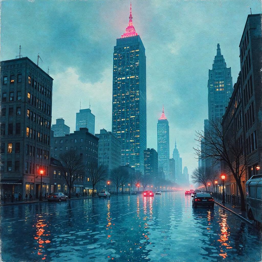 Watercolor Skyscraper Rising in a Flooded City
