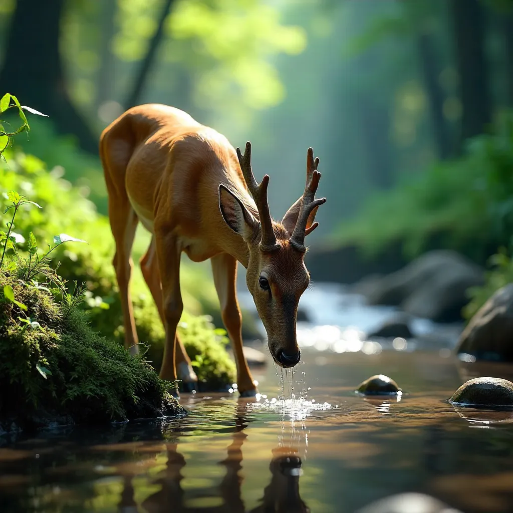Close-up of a deer drinking from a forest stream