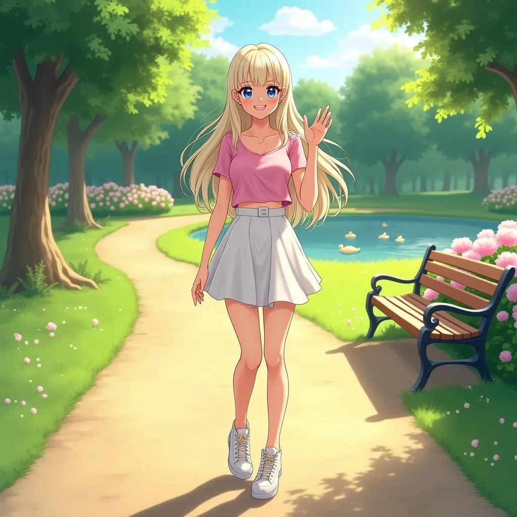 Cheerful Blonde Anime Woman in a Park