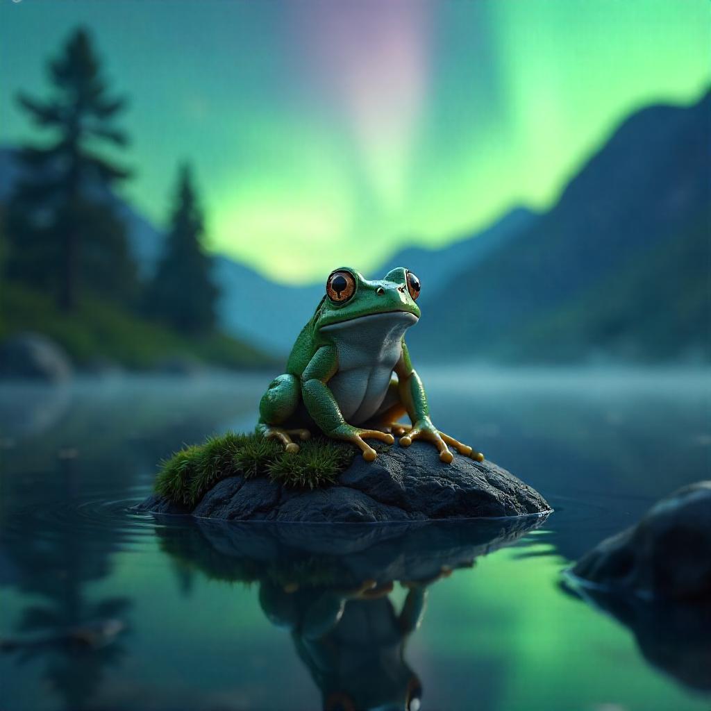 Frog on Moss Beneath the Northern Lights
