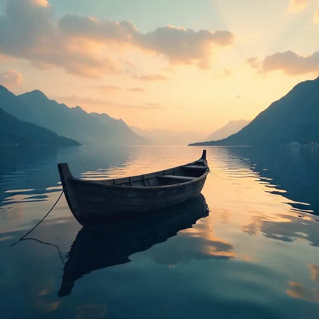 Dusk on the Tranquil Sea: Lone Boat and Mountains