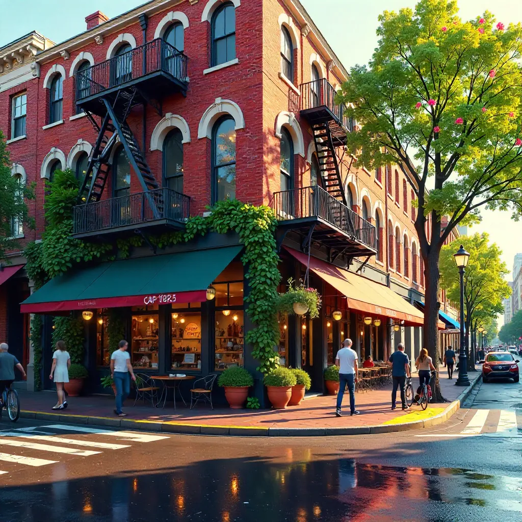 Lively Red Brick Corner with Ivy and People