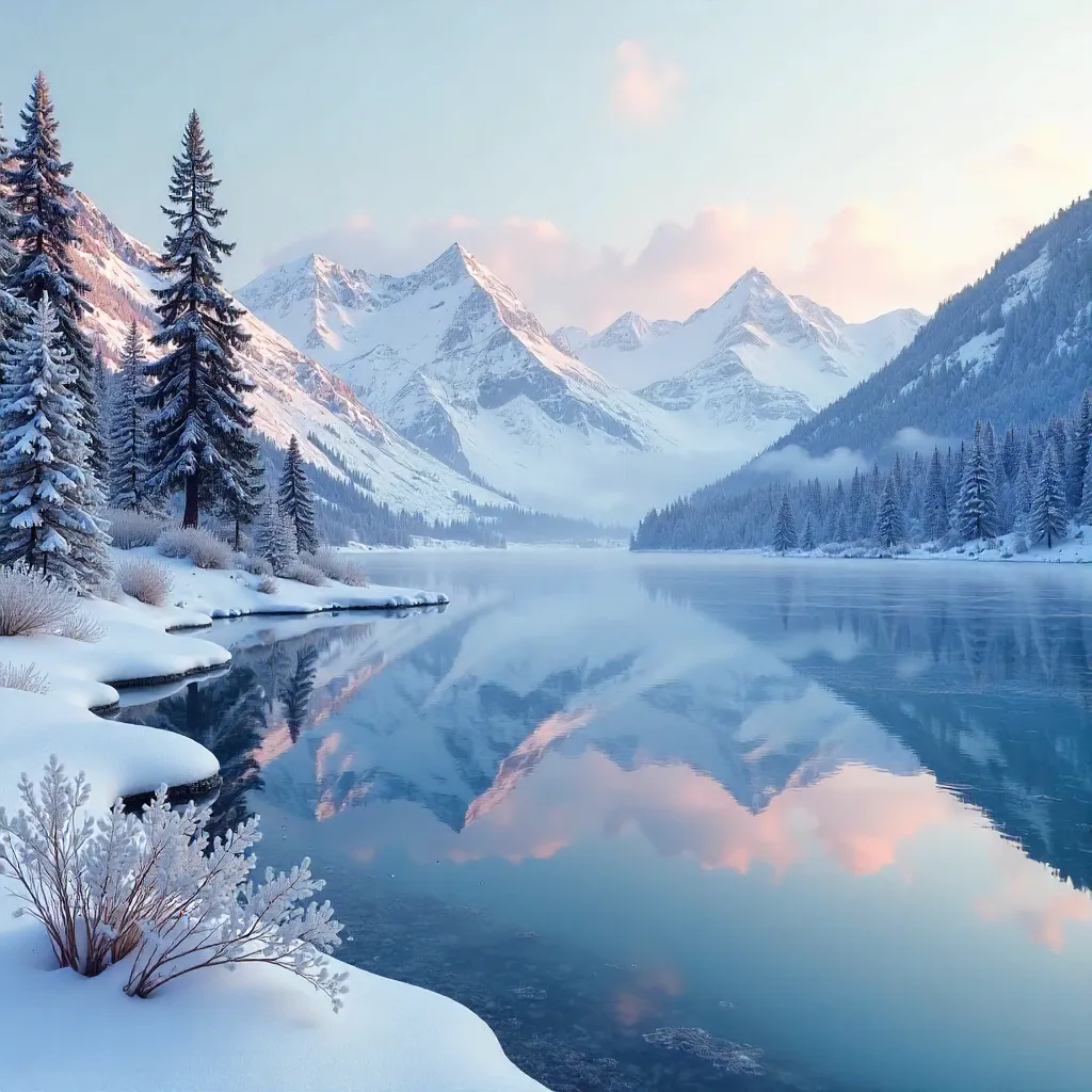Serene Frozen Lake Reflections in Winter Light