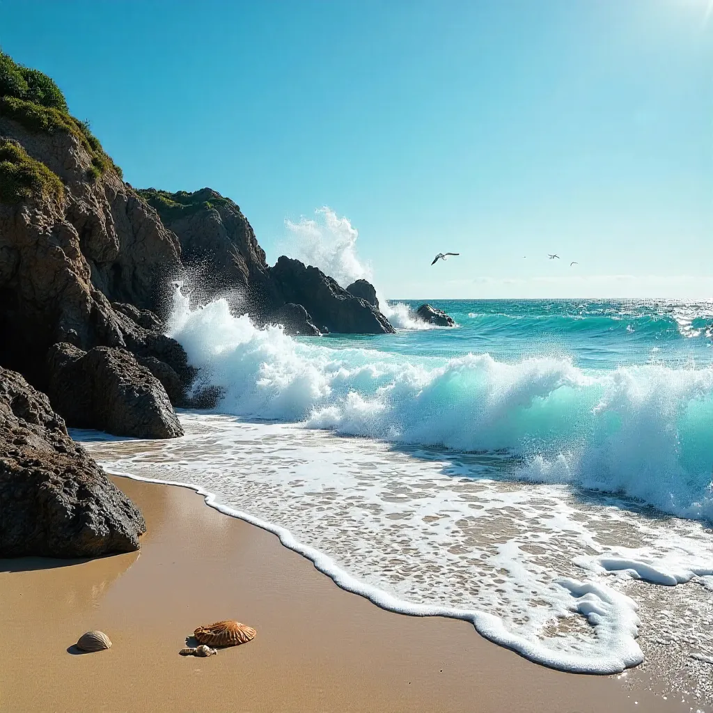 Turquoise Waves on a Rocky Beach Under a Clear Sky