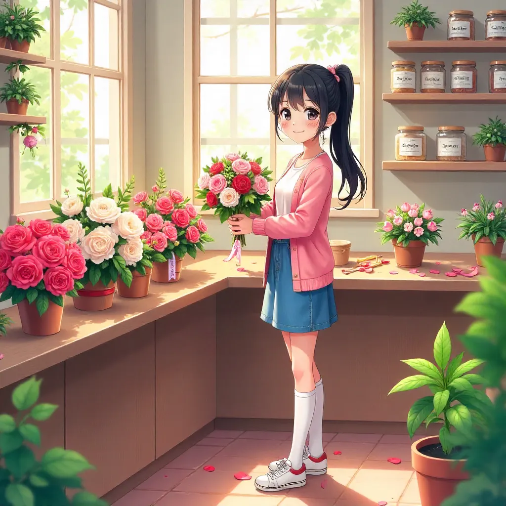 Cheerful Anime Girl in a Blooming Flower Shop