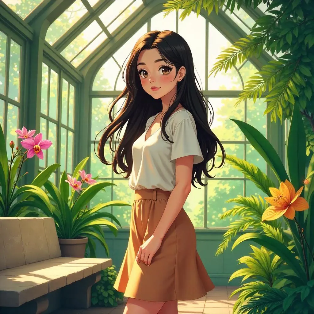 Anime Latina in a Sunlit Conservatory