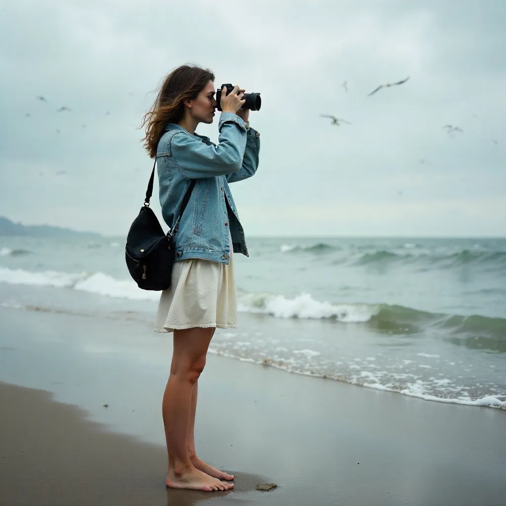 Moody Beach Portrait: Woman with Camera on a Cloudy Day