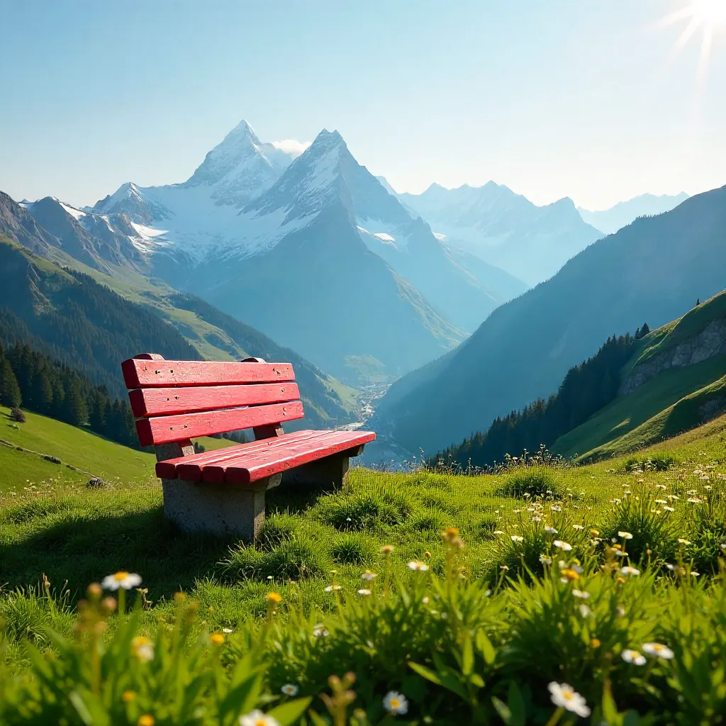 Lonely red bench on Tirol hilltop with Alpine panorama
