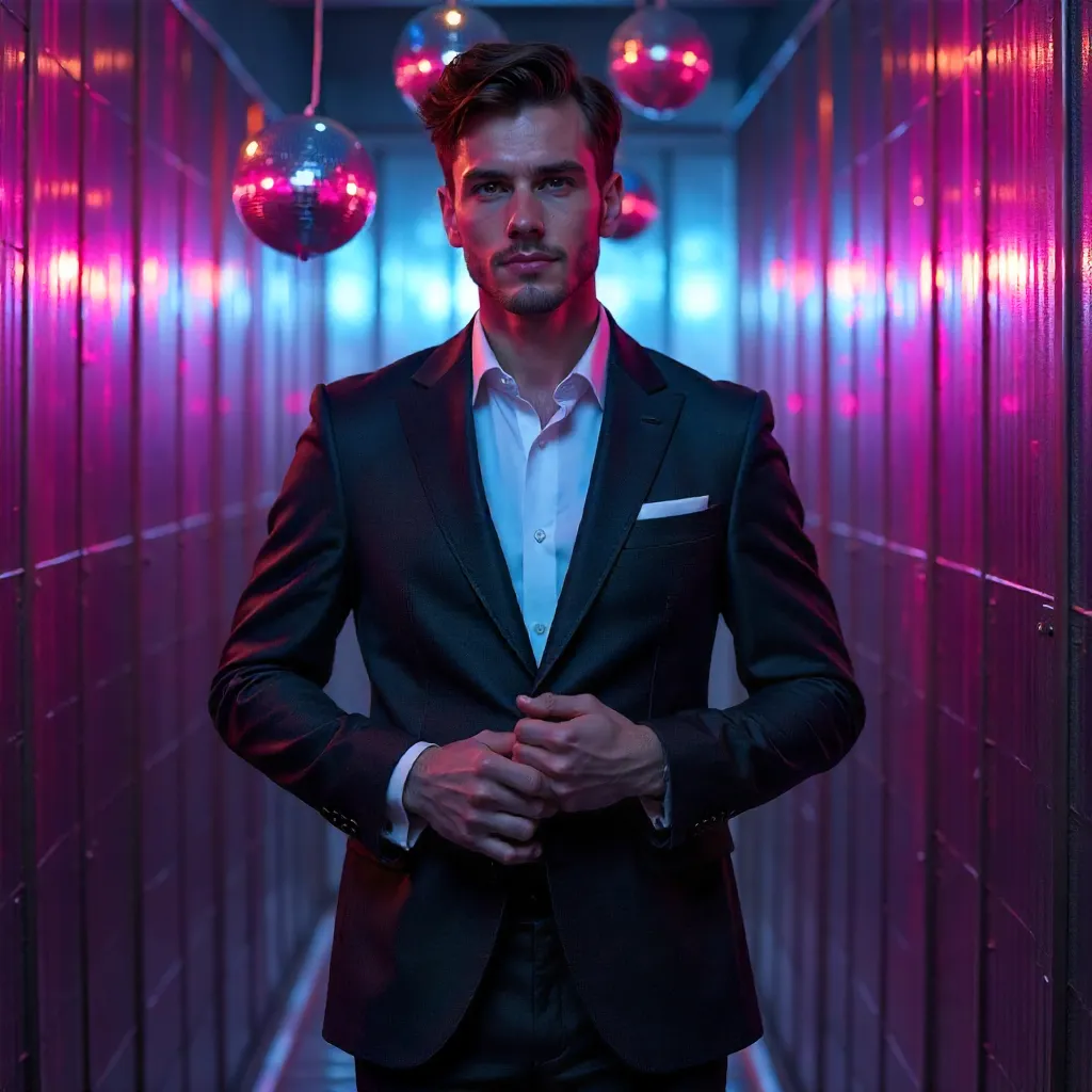 Disco Vibes: Suited Young Man with Shiny Backdrop
