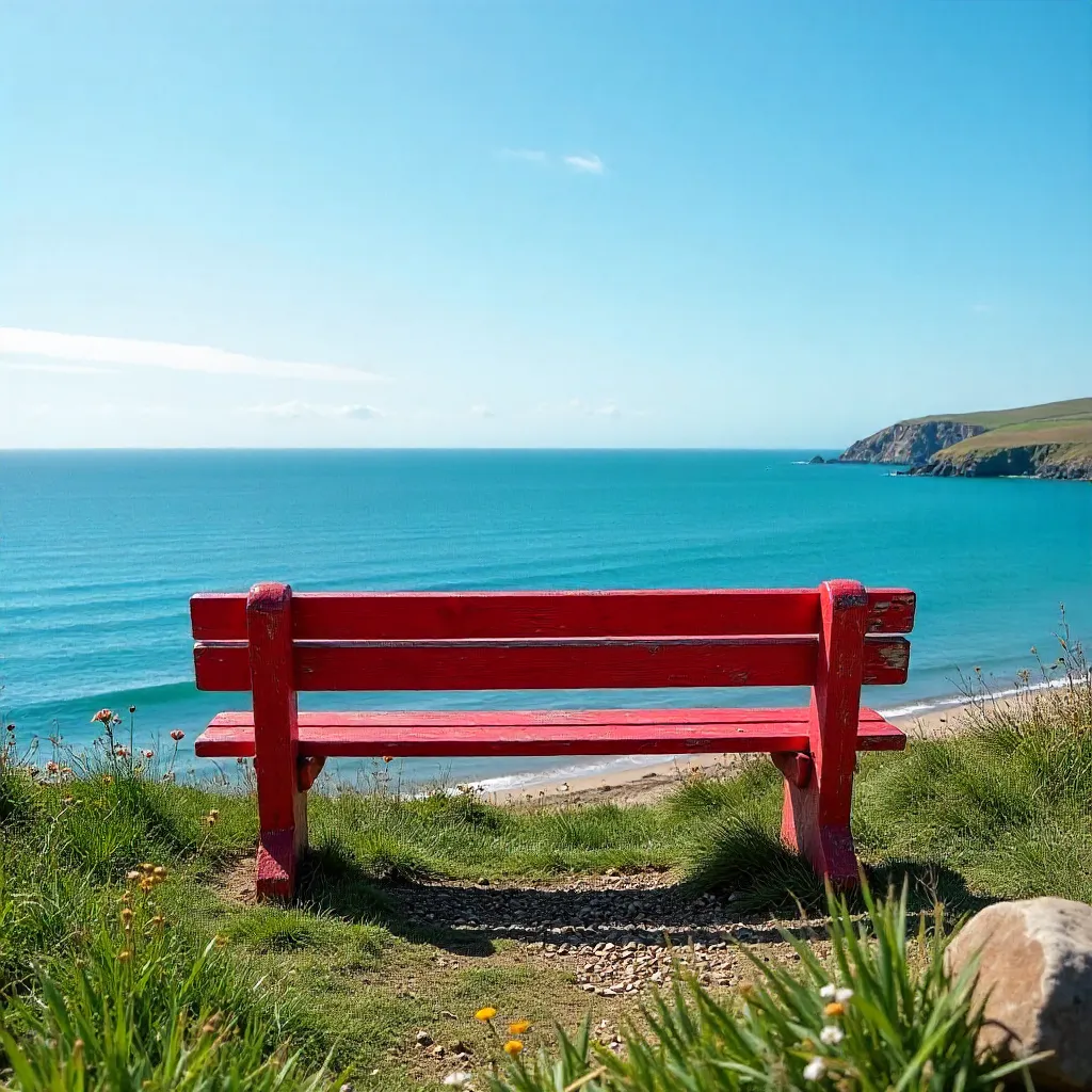 Red Bench Overlooking Cromarty Sea Under Clear Sky