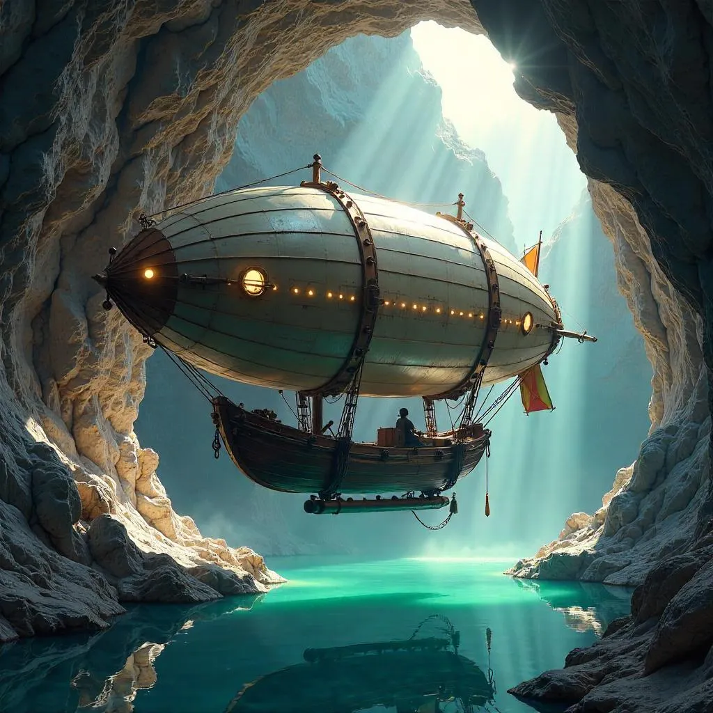 Photorealistic Airship Hovering in a Crystal Cave