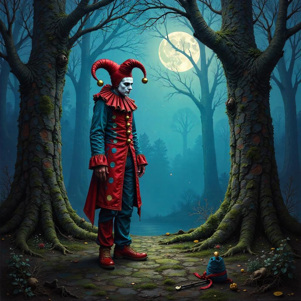 Jester in the Dark Forest: An Oil Painting