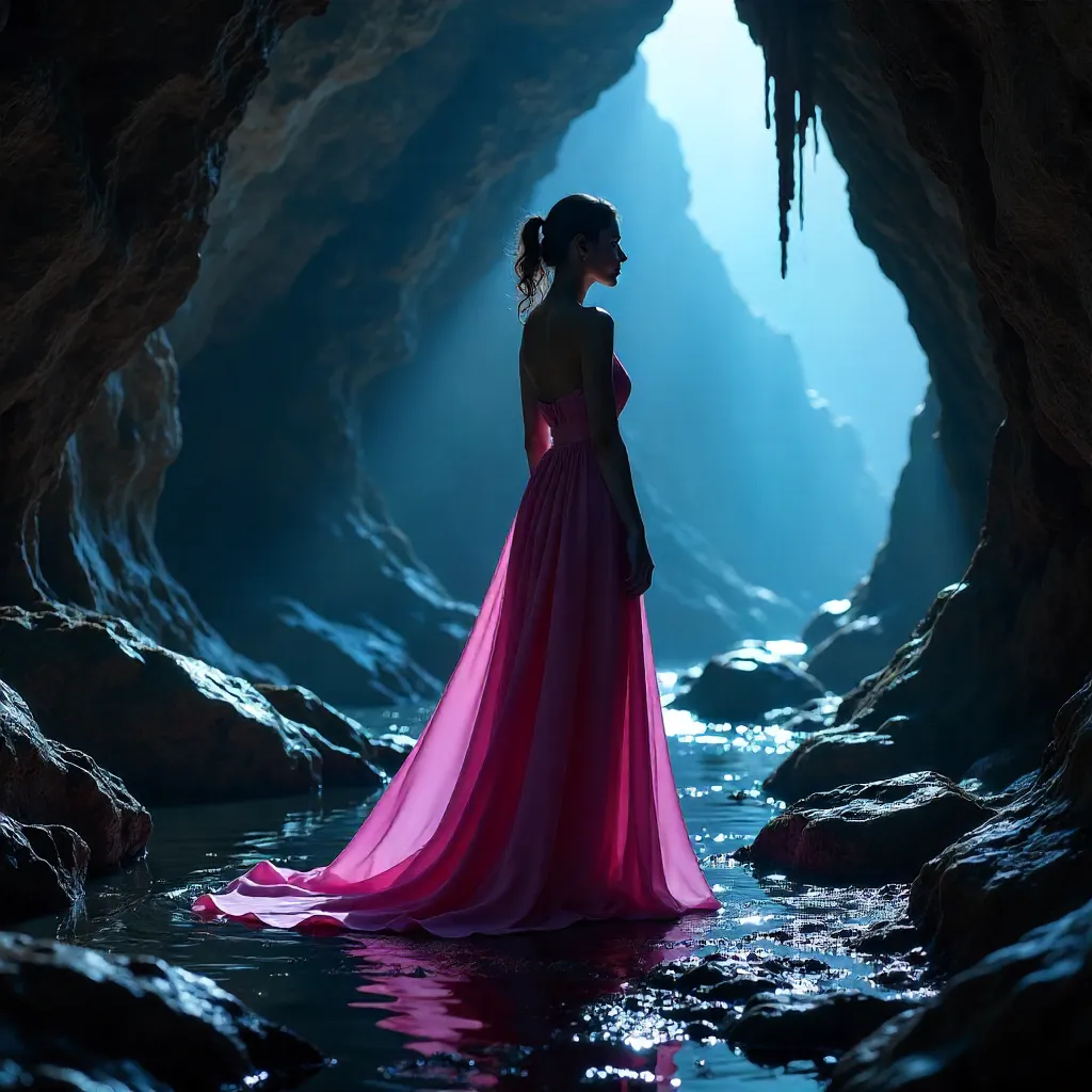 Confident Pink-Dressed Woman in a Mystical Cave