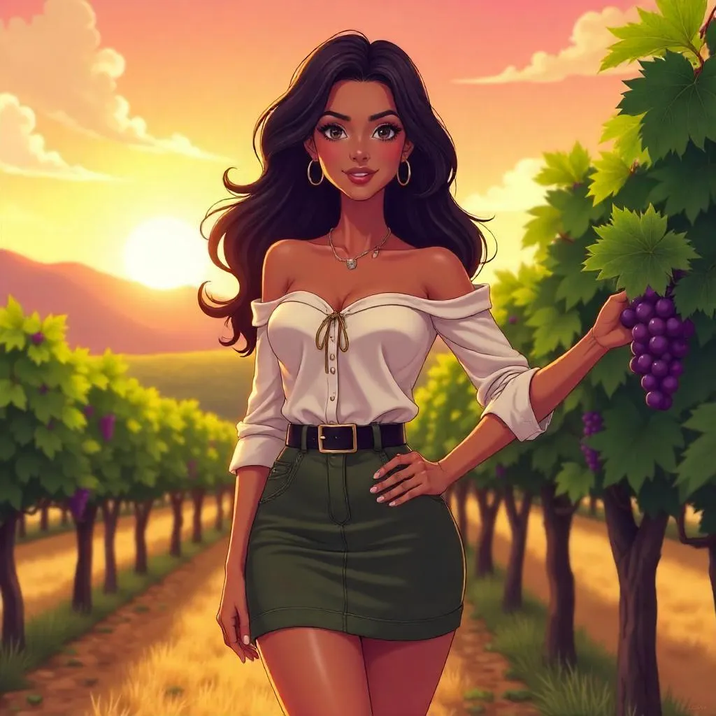 Confident Latina in an Anime Vineyard at Golden Hour